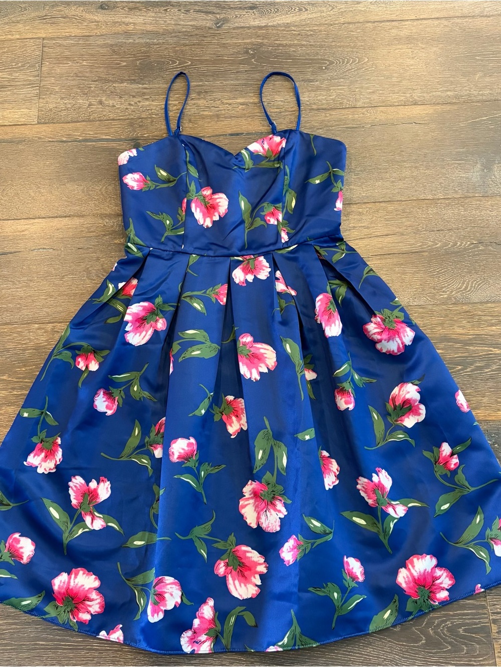 Navy Floral Fit-and-Flare Spaghetti-Strap Dress